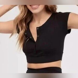 OFFLINE by Aerie Real Me Henley  Crop Top in Black Size Medium